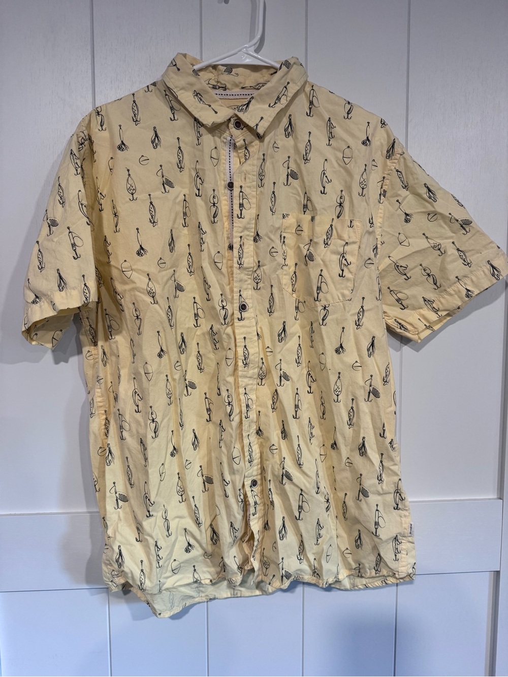 Men's Short-Sleeve Button-Up Shirt in Light Yellow with Fishing Lure Print